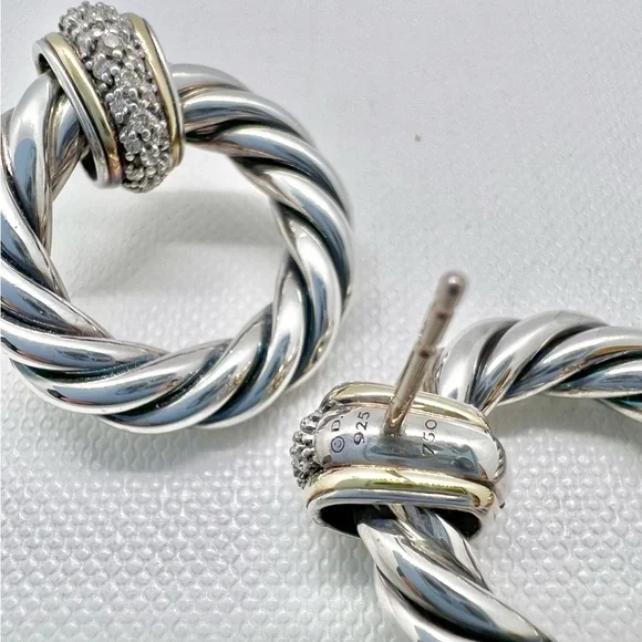 David Yurman Sterling Silver 18k Diamond Cable Door Knocker Earrings - Picture 5 of 12
